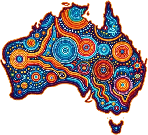 Map of Australia in Aboriginal dot-painting style