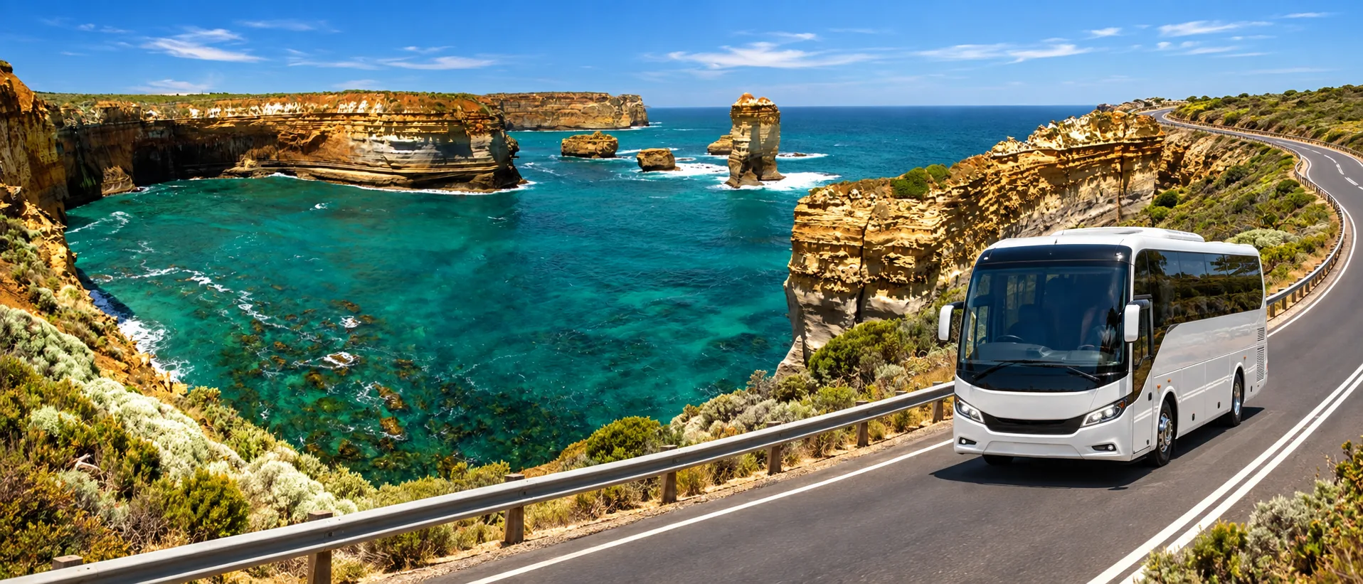 A white luxury coach driving along a coastal road above turquoise water and golden limestone cliffs on the Great Ocean Road